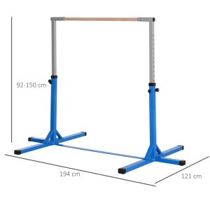 HOMCOM Height Adjustable Gymnastics Horizontal Bar For Kids, Children Junior Kip High Bar Fitness, Blue
