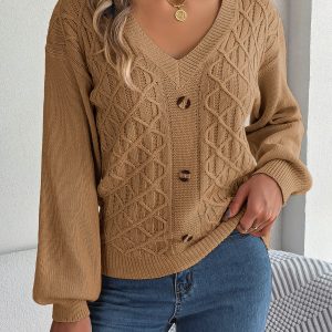 Women Casual Button Cable Knit Lantern Sleeve Pullover Sweater