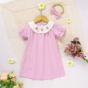 Toddler Girl's Round Neck Short Sleeve Dress, Checkered Pattern With Bunny Bow Embroidery A-Line Summer Dress
