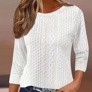 Striped Printed Round Neck Cropped Sleeve Blouse For Ladies