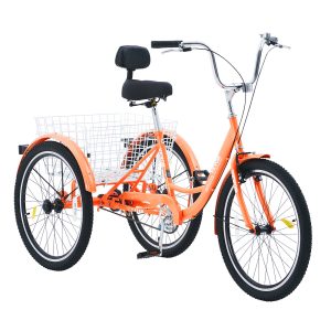 Adult Tricycles Bike, 26 Inch Three-Wheeled Bicycles, 3 Wheel Bikes Trikes, Carbon Steel Cruiser Bike With Basket & Adjustable Seat, Picnic Shopping Tricycles For Seniors, Women, Men (Orange)