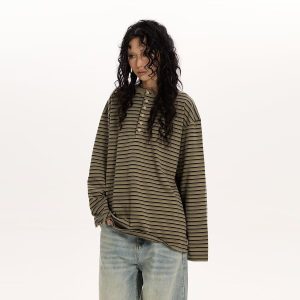Women's Cotton Simple Loose Casual Striped Long-Sleeve Top