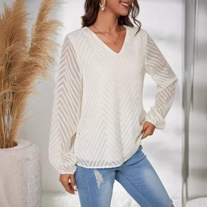 Women's Fashion V-Neck Geometric Jacquard Lantern Long Sleeve Shirt