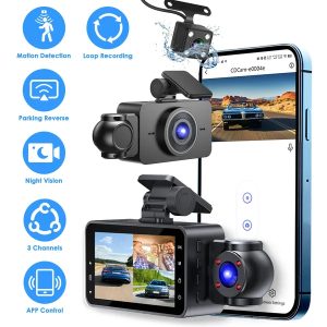 WiFi FHD 1080P 3 Channel Car Dash Cam Front Rear Inside With 32G MMC Card Motion Detection Loop Recording Infrared Night Vision Surveillance Car Camera With App Control