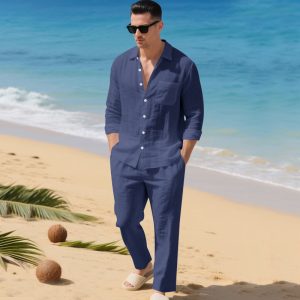 Beach Leisure Loose Collar Shirt Long Sleeve Pants Set