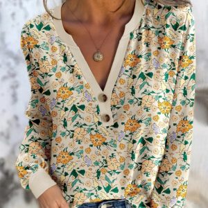 Khaki Floral Print Button Notched V Neck Long Sleeve Top