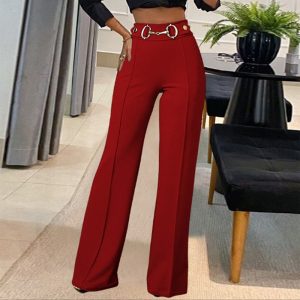 Women's High-Waisted Straight Leg Pants, Solid Color Tailored Trousers With Decorative Waist For Office Wear
