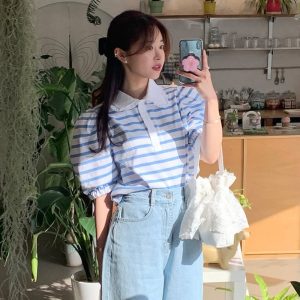 Youthful And Elegant POLO-collar Design Loose-fitting Versatile Short-sleeve Striped T-shirt