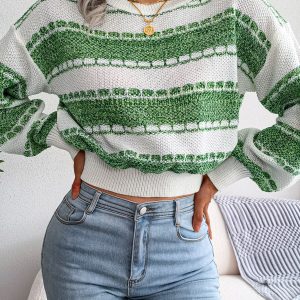 Women Fashion Color Block Long Sleeve Knit Sweater