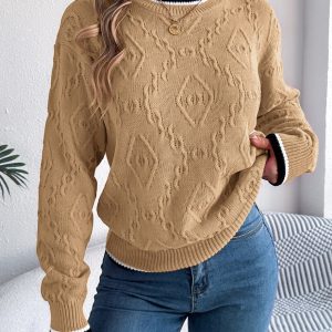Women Casual Color Block Cable Knit Long Sleeve Pullover Sweater