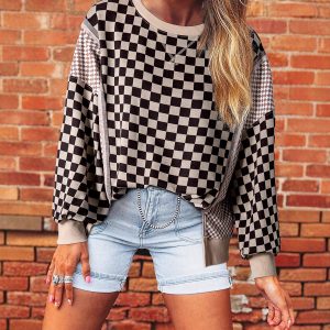 Women's Simple And Versatile Round-Neck Plaid Patchwork Pullover
