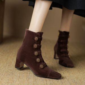 Retro High-heeled Ankle Boots For Women New Autumn Style Suede Round Toe Side Zipper Chunky Heel