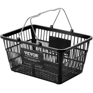 Shopping Basket, Set Of 12, 21L Durable Plastic Grocery Basket With Metal Handle And Stand, 16.73 X 12.01 X 8.58 Inch Portable Shop Basket For Retail Store Supermarket Grocery Shopping, Black