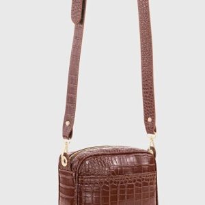 Brown Croc Embossed Crossbody Bag For Women
