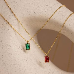 Titanium Steel Necklace Rectangle December Birthstone Pendant Collarbone Chain
