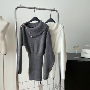 Pure Desire Style Oblique Shoulder Long Sleeve Knitted Dress For Women