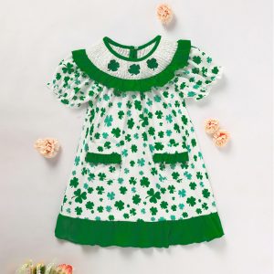 Toddler Girl's Clover Print Dress, Doll Collar Bubble Sleeve Dress With Pockets And Back Buttons For Spring