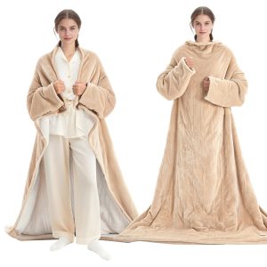 Wearable Electric Heated Throw Blanket With Foot Pocket & Sleeves, Portable Robe Snuggie Blankets For Women, 10 Heating Levels, 12H Auto Shut-Off, Machine Washable, 50 X 70 Inch, Beige