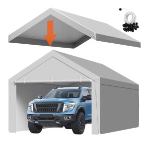 Carport Replacement Canopy, 12 X 20 Ft Potable Garage Tent Top Tarp With Sidewalls, UV-Resistant & Waterproof, Heavy Duty Car Shelter Tarp With Ball Buggees, Grey, Frame Not Included