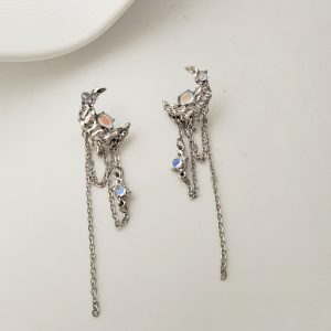 S925 Silver Needle Long Fringe Irregular Polka Dot Moon Earrings