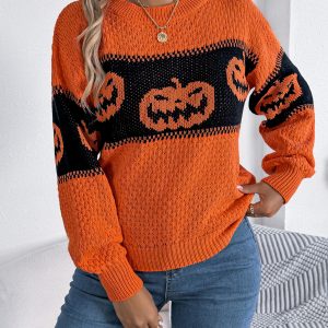 Women Pumpkin Head Color Block Long Sleeve Pullover Sweater