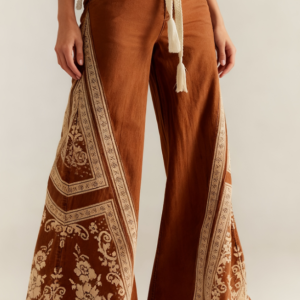 Women's Retro Patchwork Wide-Leg Pants, High-Waisted Drape Flared Pants, Ethnic Style Tie Casual Pants