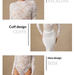 Womens Solid-Color Lace Long-Sleeve Slim-Fit Base Bodysuit