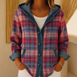 New Womens Trendy Plaid Contrast-color Jacket