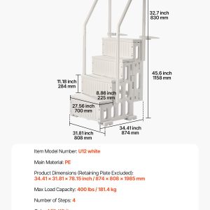 Swimming Pool Ladder, 4-Step Double Handrails Stairs With Non-slip Heavy Duty Steps, Max Load Capacity 400 Lbs, For 48-54 In Inground & Above-ground Pools Of Any Decking Surface, Milk White