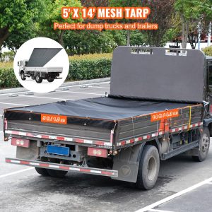 Dump Truck Mesh Tarp, 5 X 14 Ft, PVC Coated Black Heavy Duty Cover With 5.5" 18oz Double Pocket, Brass Grommets, Reinforced Double Needle Stitch Webbing Fits Manual Or Electric Dump Truck System