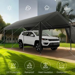 Carport, 10 X 20 FT Outdoor Car Canopy, Potable Carport, Heavy Duty Galvanized Car Shelter, UV-Resistant & Water-Resistant, All-Season Protection, Storage Shed For Car Boat Motorcycle Grey