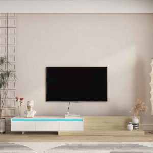 Modern Extendable TV Stand With LED Lights Wooden Entertainment Center And Media Cabinet With Storage Space Suitable For Living Room And Bedroom White