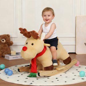 Kids Ride-On Rocking Horse Toy With Lullaby Song,Moose Rocking Toy With Hand Puppets And Safety Belt For Children 1-3 Years,Soft Plush Fabric,Apricot,CPC Certified