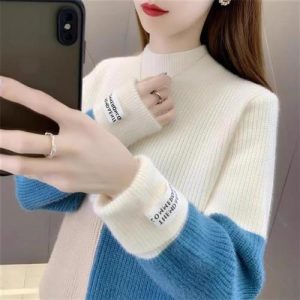 Half Turtleneck Loose Fit Color Block Knit Top For Women