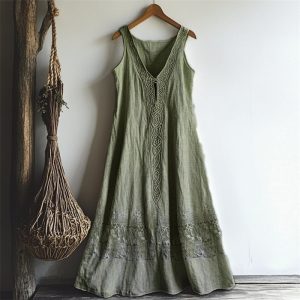 Womens Retro Bohemian Rose-Embroidered Linen Loose Sleeveless Maxi Dress