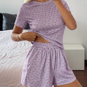 Womens Floral Home-Style Casual Two-Piece Pajama Set Short-Sleeve Top And Shorts