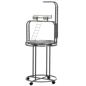 PawHut Parrot Stand Large Bird Perch Stand With Toy Hook  3 Ladders, Parrot Perch, Bird Wooden Stand, Gray