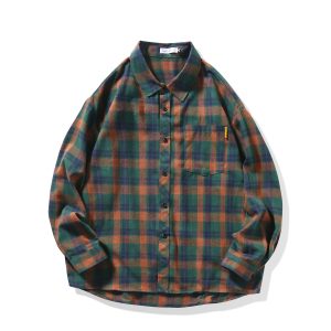 Mens Loose-fitting Casual Long-sleeve Plaid Shirt
