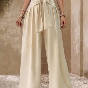 Womens Solid-Color High-Waist Tie-Front Casual Drapey Wide-Leg Pants