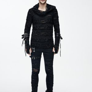Mens Edgy Distressed Cropped Top With Hollowed-out Details And Long Sleeves