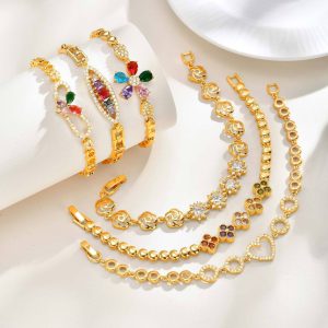 Copper-colored Zircon Heart-shaped Rose Flower Drop Zircon Bracelet Gold Tone