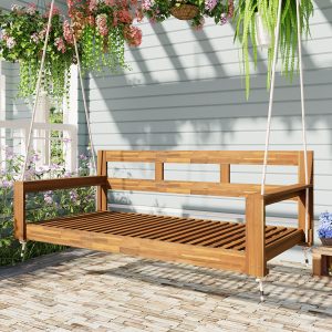 TOPMAX Patio Wooden Twin Size Porch Swing Daybed Frame, Garden Swing Bench Chair With 4 Hanging Ropes For Backyard,Outdoor,Natural