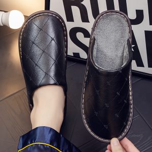 Fleece-lined Leather Warm Cotton Slippers